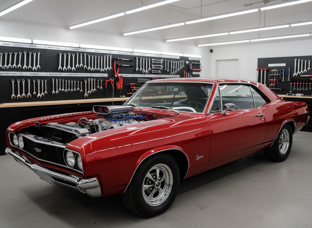 A meticulously restored cherry-red 1960s muscle car parked inside a spotless professional auto workshop. The glossy paint reflects overhead LED strip lighting and the organized wall of labeled tools and chrome wrenches behind it. The car’s hood is open, revealing a pristine, polished V8 engine with gleaming aluminum valve covers and color-coded hoses. Soft, even workshop lighting creates subtle reflections along the car’s curves, with clean concrete flooring beneath. Shot at eye level with a slight three-quarter angle, the background gently blurred to keep focus on the vehicle. The mood is professional, precise, and trustworthy, captured in high-resolution photographic realism with a clean, modern aesthetic suitable for a classic car repair business homepage hero image.