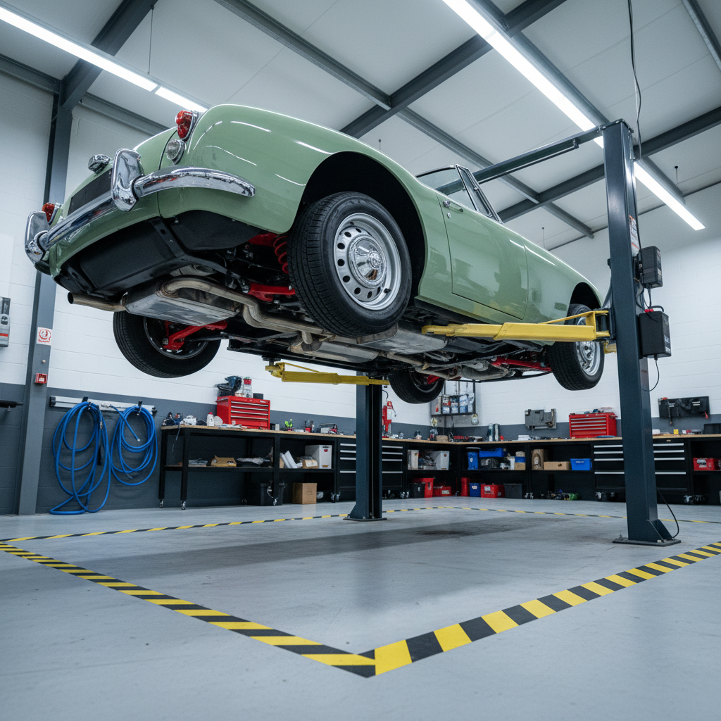A classic British roadster in pale racing green elevated on a professional two-post lift inside a modern restoration shop, shown in photographic realism. The car’s underside is immaculately clean, with new exhaust components, fresh suspension bushings, and rust-free frame rails visible. Around the vehicle, the shop floor is spotless, with clearly marked safety lines and neatly coiled air hoses along the walls. Bright, cool-white LED lighting from the high ceiling provides crisp, shadow-free illumination, emphasizing attention to detail. Captured from a low, three-quarter angle that shows both the raised car and surrounding workshop, the mood is confident, professional, and reassuring, ideal for conveying thorough inspections and underbody work on classic cars.